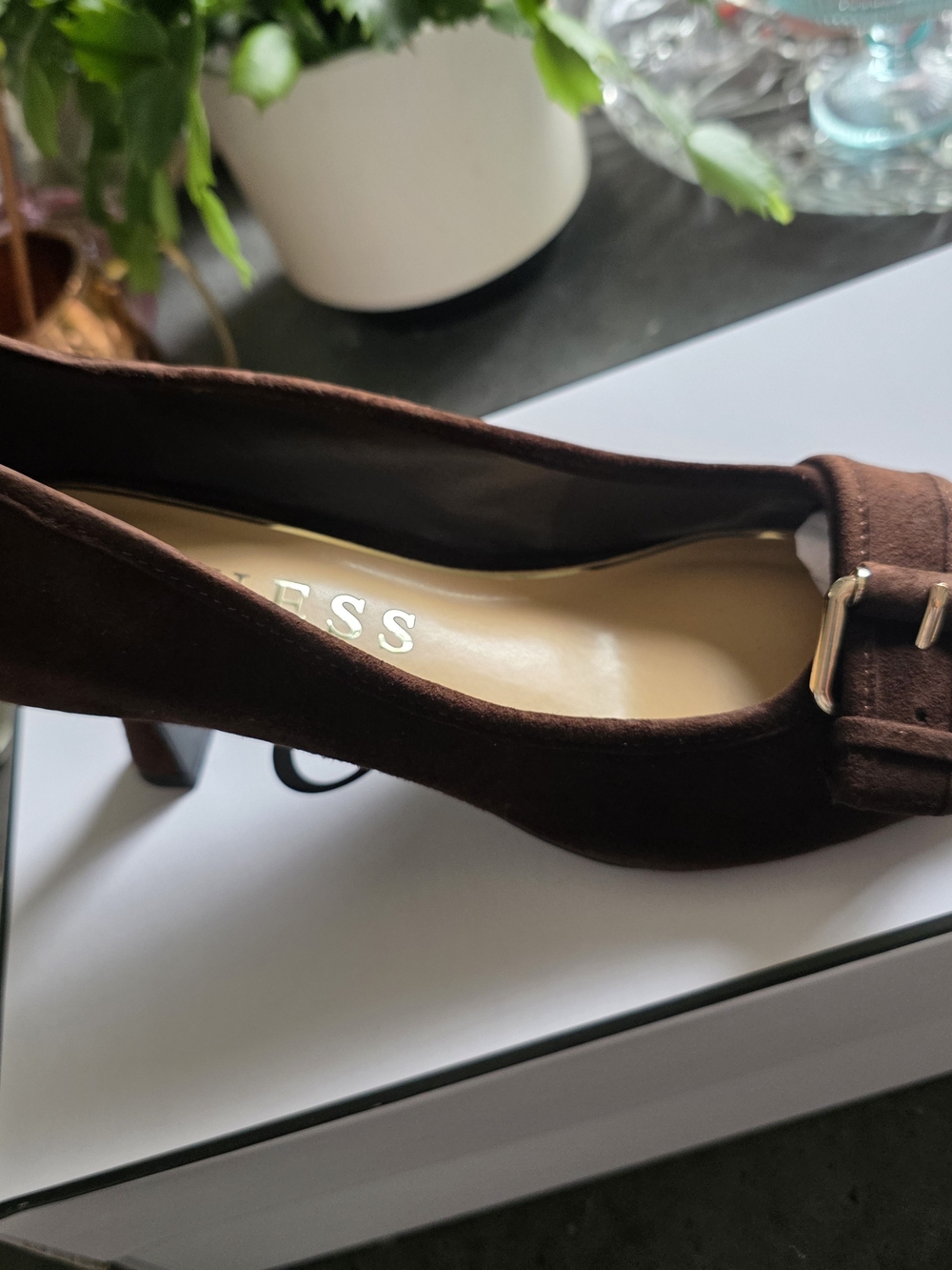 Guess Dark Brown Suede Mid Heel Pumps with Buckle